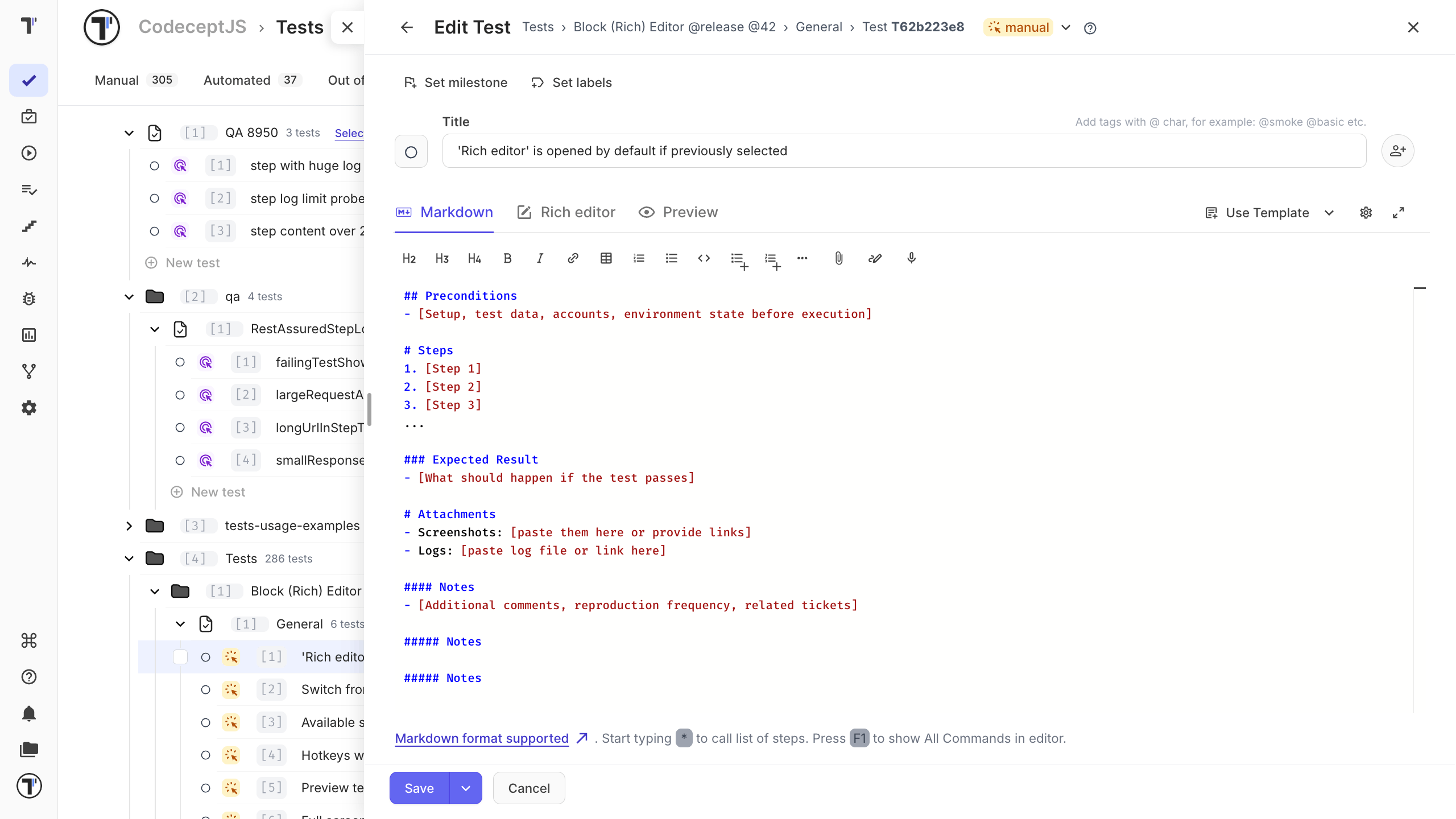 Test case editor with test description formatted as Markdown