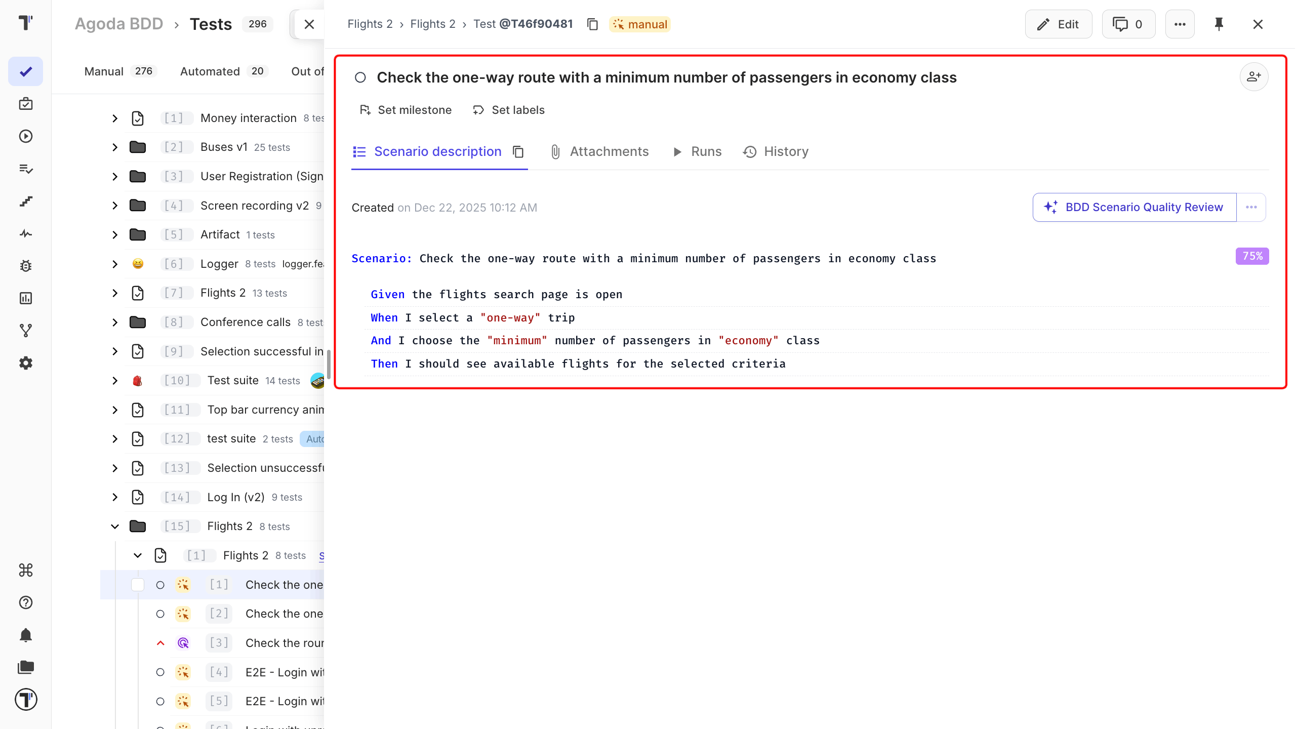 Test overview in the BDD editor of Testomat.io UI