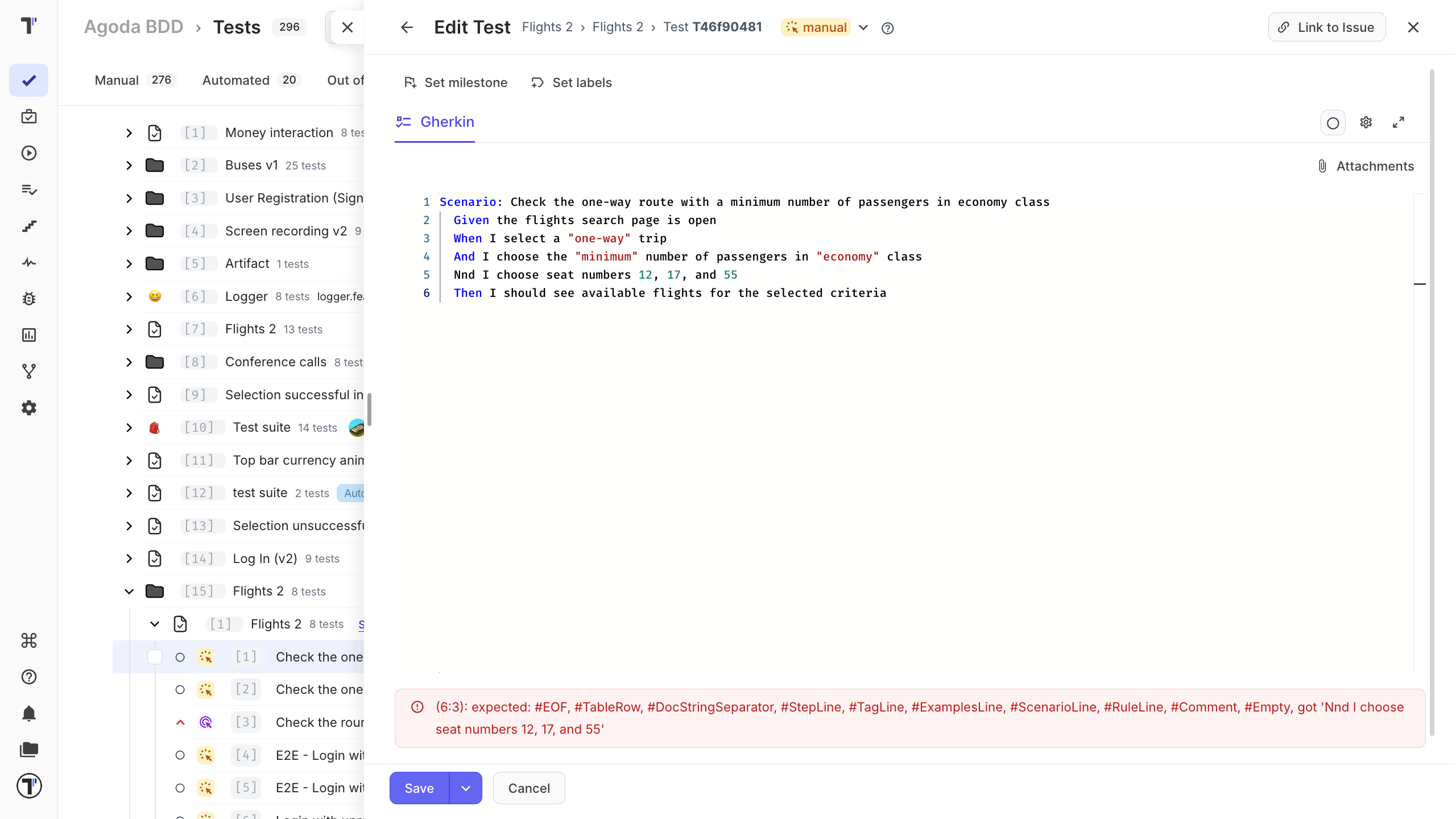 Gherkin editor showing a validation error on a scenario with a missing keyword