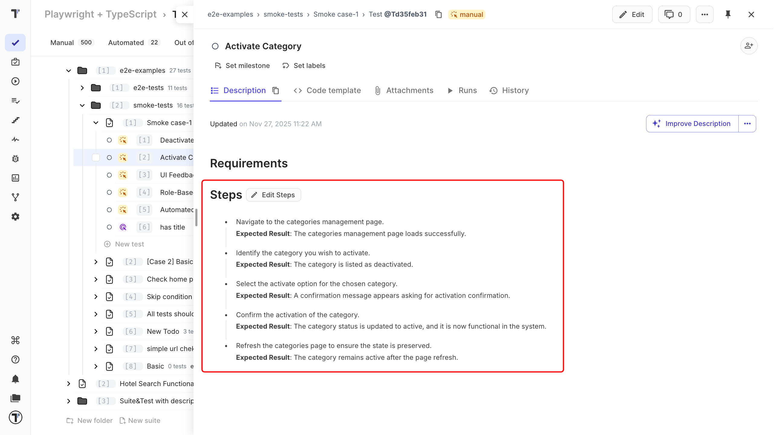 Steps with their expected results in test case rich editor