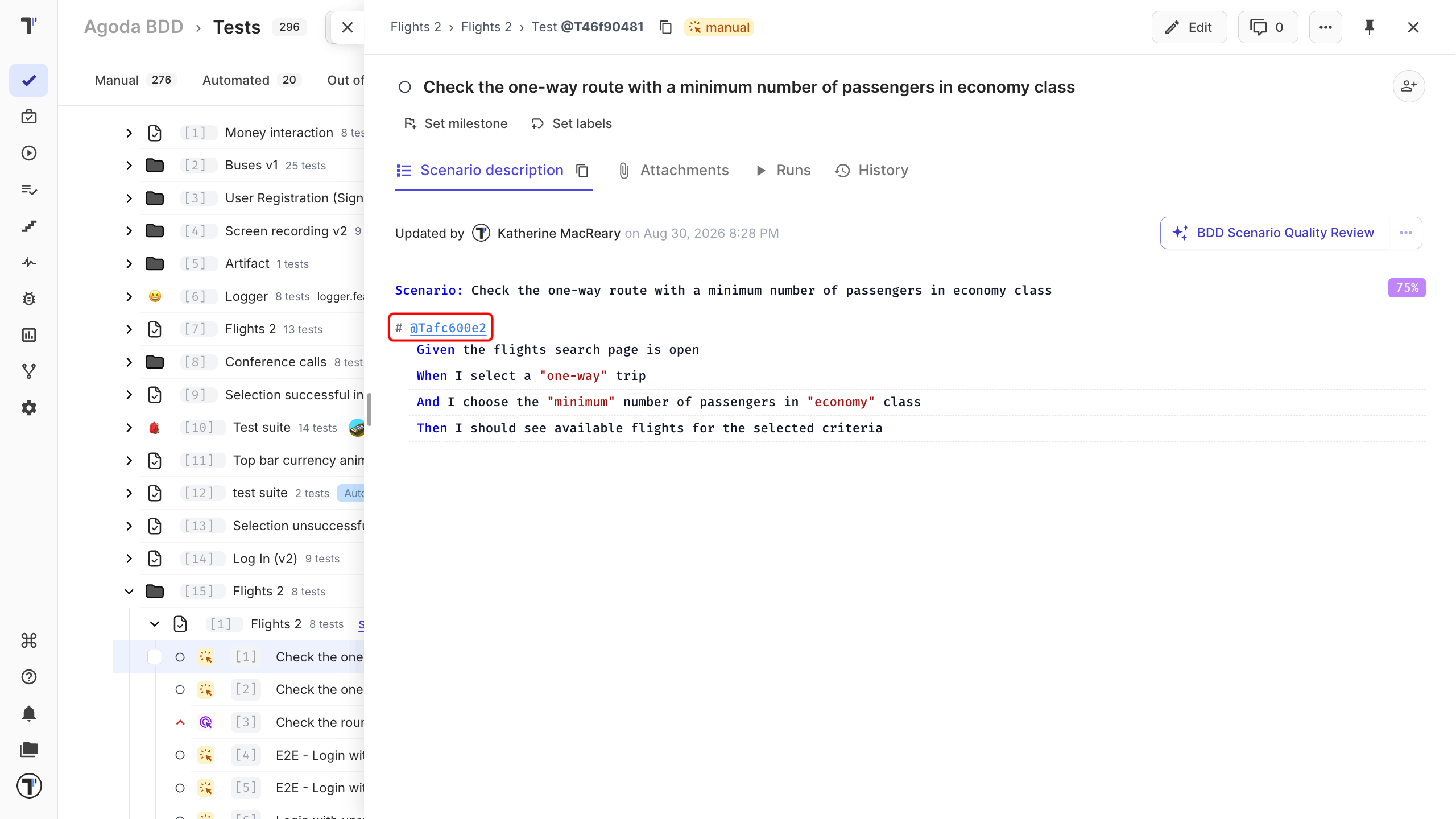 A hash and a test ID into a scenario description, and the linked test opening in detail view